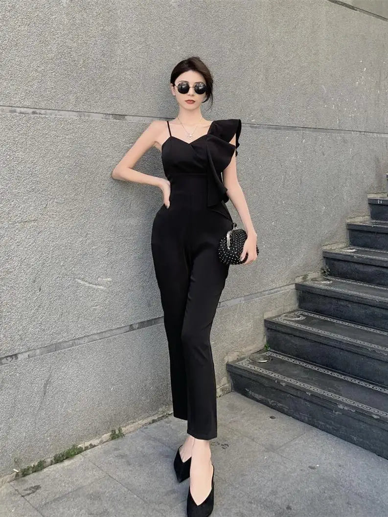Summer Outfit New Stylish Socialite Slim Fit Ruffled Sleeves Temperament Queen Jumpsuit Pencil Pants
