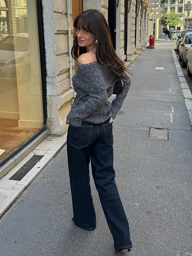 Off Shoulder Sweater With Belt Knitted Thick Long Sleeve Sweaters Female Winter Street Knitwear