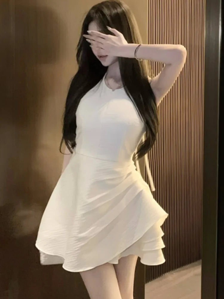 Halter Irregular Jumpsuit Dresses Sweet White Backless Birthday Party Mini Dress Female Pleated Aline Short Vestidos