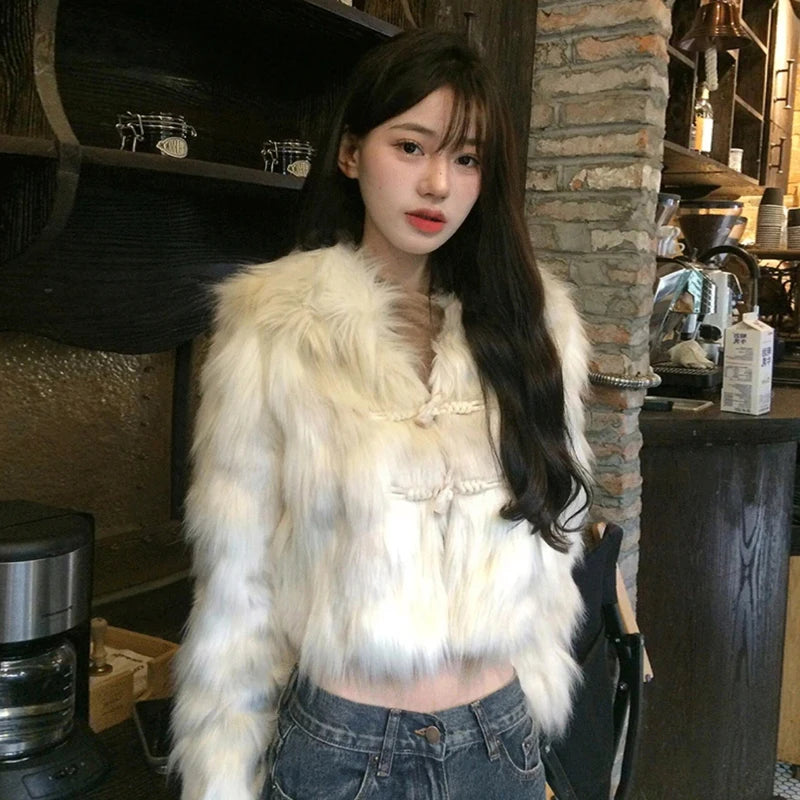 Sweet Hot Girl Horn Button Faux Fur Coat Winter Loose Turndown Collar Longsleeved Short Jacket Female Clothes