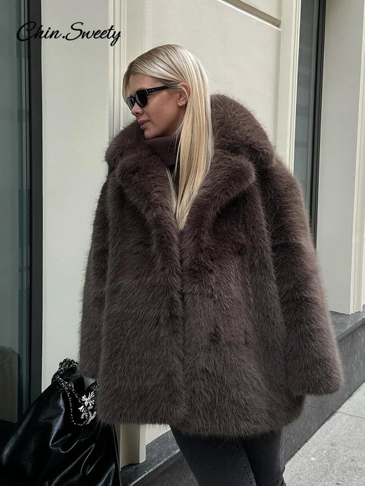 ’s Brown Faux Fur Coat Lapel Mid-length Loose Imitation Plush Furry Buckle Overcoat Winter Lady Thick Warm Outwear