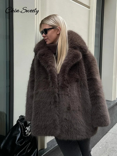 ’s Brown Faux Fur Coat Lapel Mid-length Loose Imitation Plush Furry Buckle Overcoat Winter Lady Thick Warm Outwear