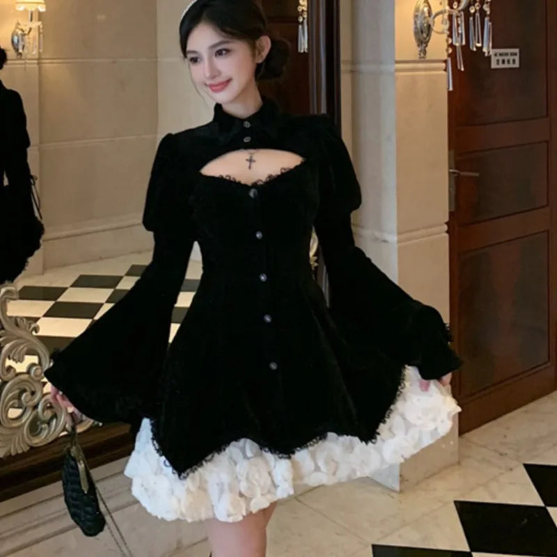 Y2k Gothic Black Mini Dresses Flare Sleeve O-neck Hollow Out Ruffles Patchwork A-line Korean Party Dress Autumn New