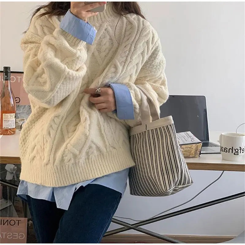 Thick Twisted Sweater Autumn Long Sleeve O-neck Female Knitted Pullover Loose Lady Kintwear Tops