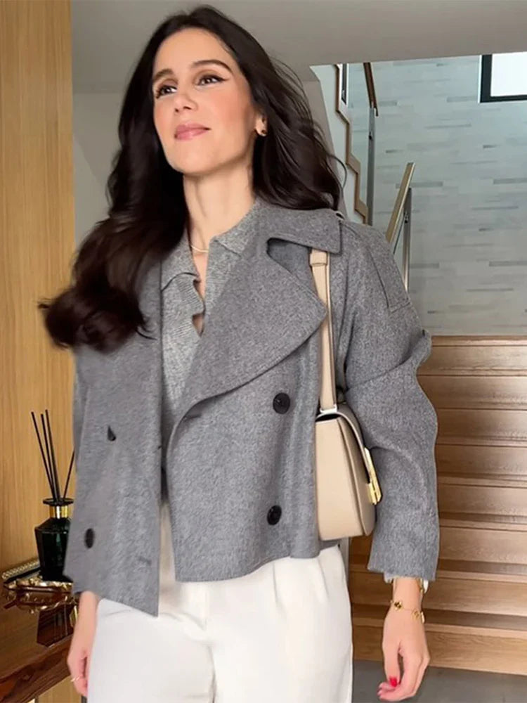 Single Breasted Woolen Coat Loose Lapel Long Sleeve Female Short Jacket Autumn Winter New Grey Lady Outwear