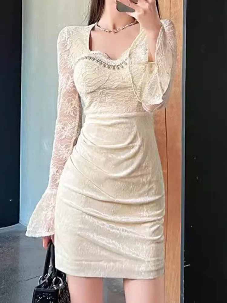 Lace Patchwork Dresses Flare Long Sleeves Bodycon Evening Party Mini Dress Spring Female Slim Vestidos Mujer