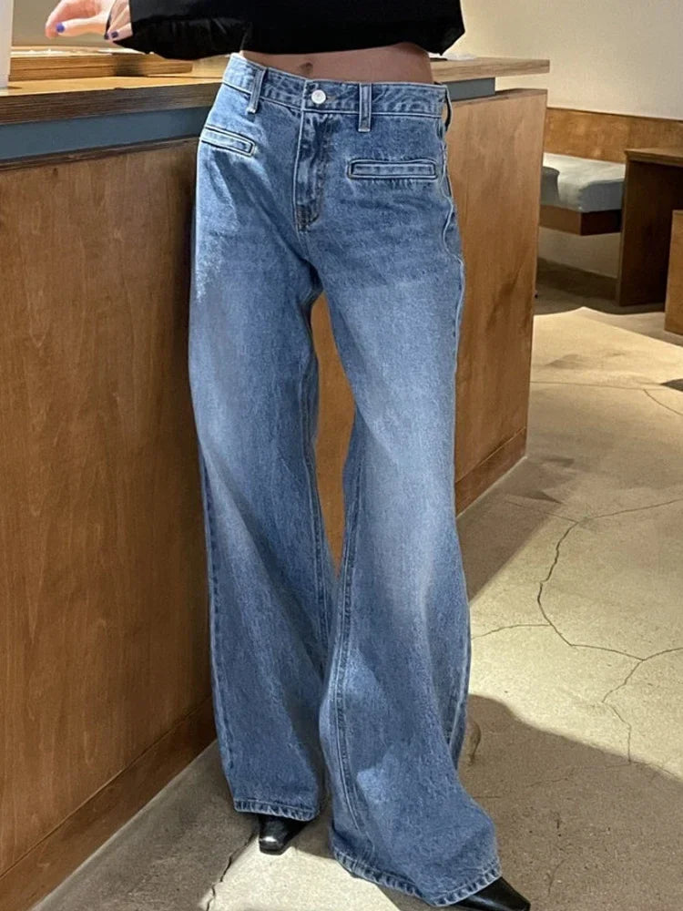 High Waist Loose Pockets Jeans Blue Wide Leg Pants Y2k New Autumn Winter Jeans