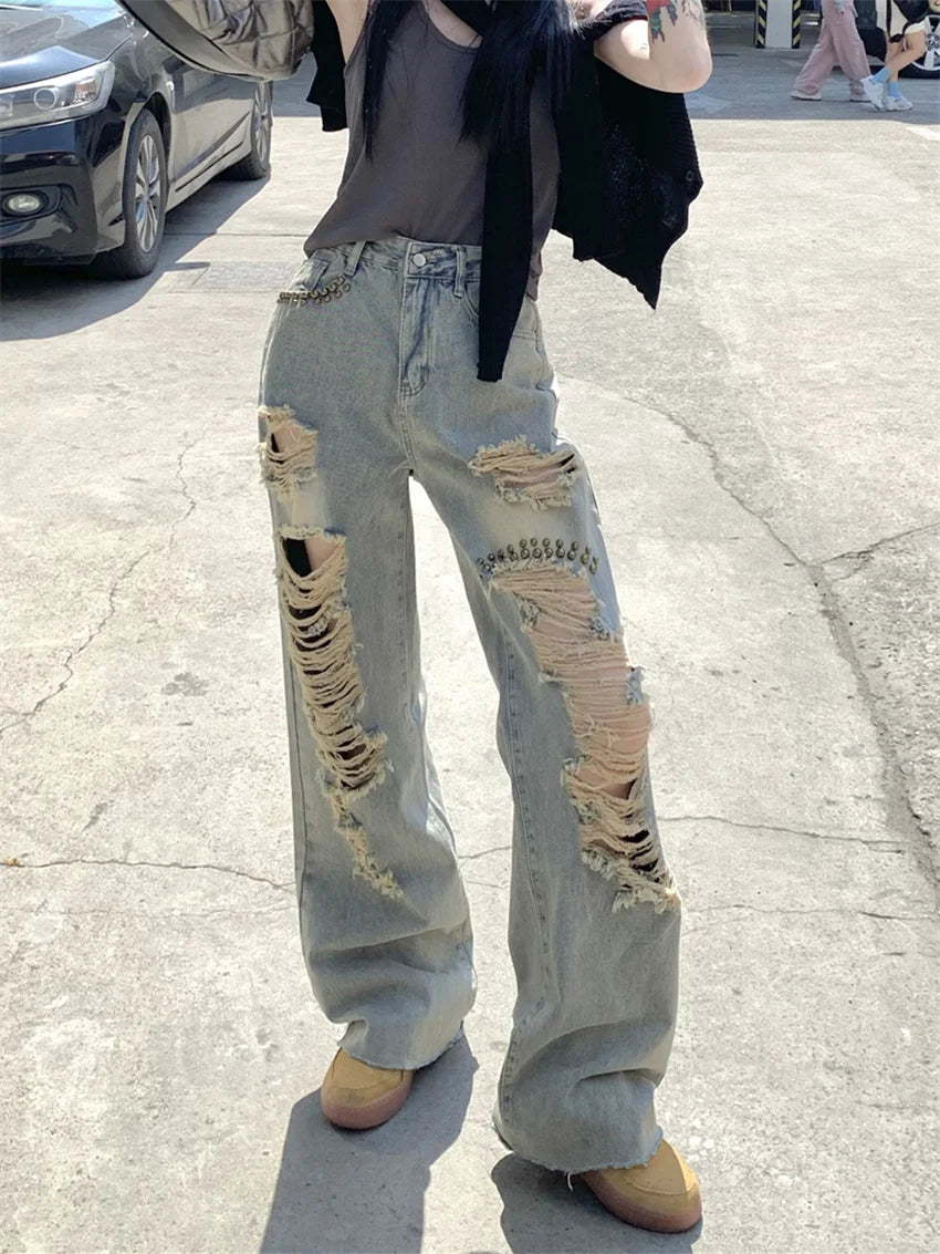 Autumn Hole Jeans High Waist Straight Loose Wide Leg Slim Office Wear Daily Pants
