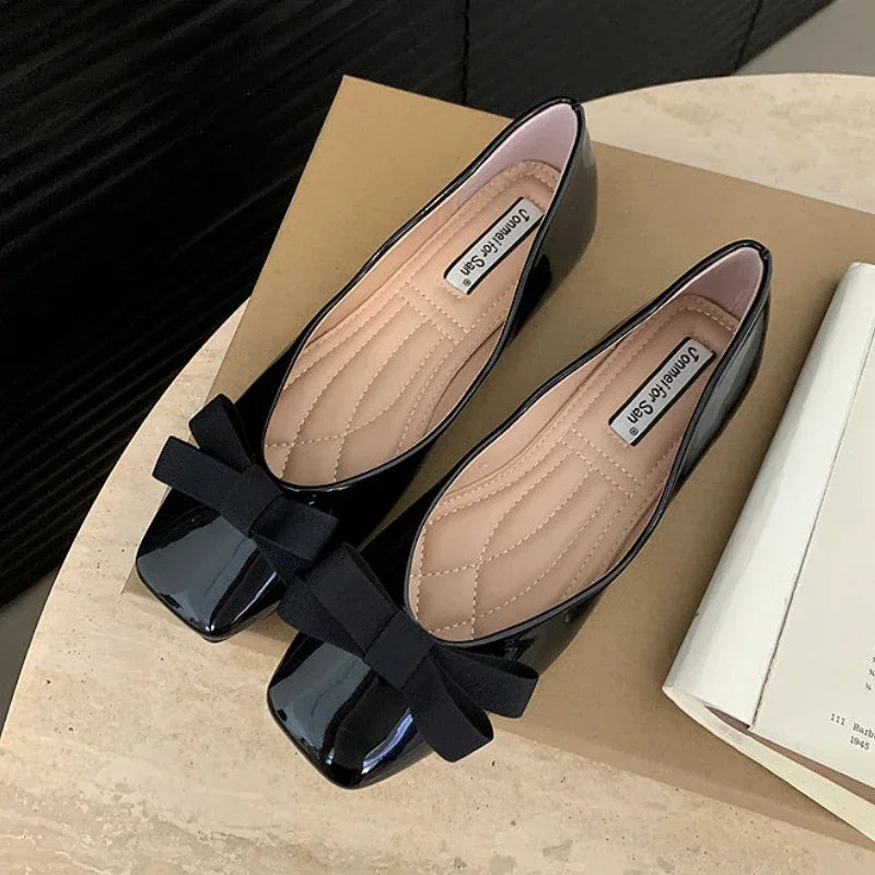 New Mary Jane Shoes Square Toe Flats Shallow Dress Shoe Butterfly Knot Patent Leather Soft Soled Ballet Shoes