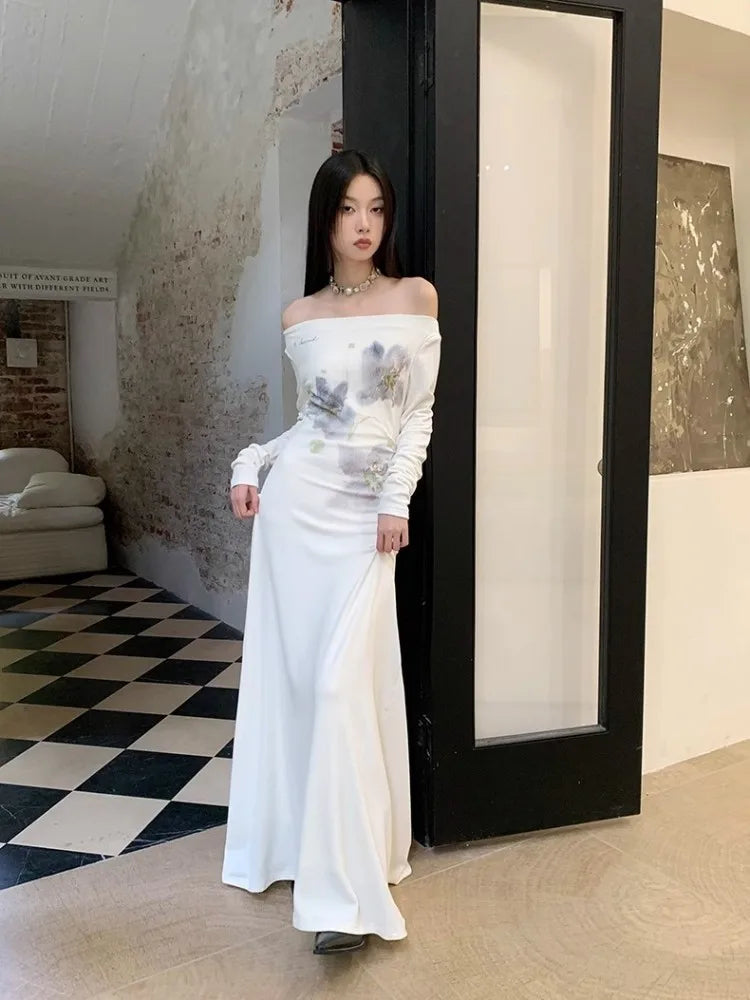 Ink Blue Blended Long Dress for in Autumn and Winter, With a Highend Feel and Printed Elastic One Neck Knitted Dress