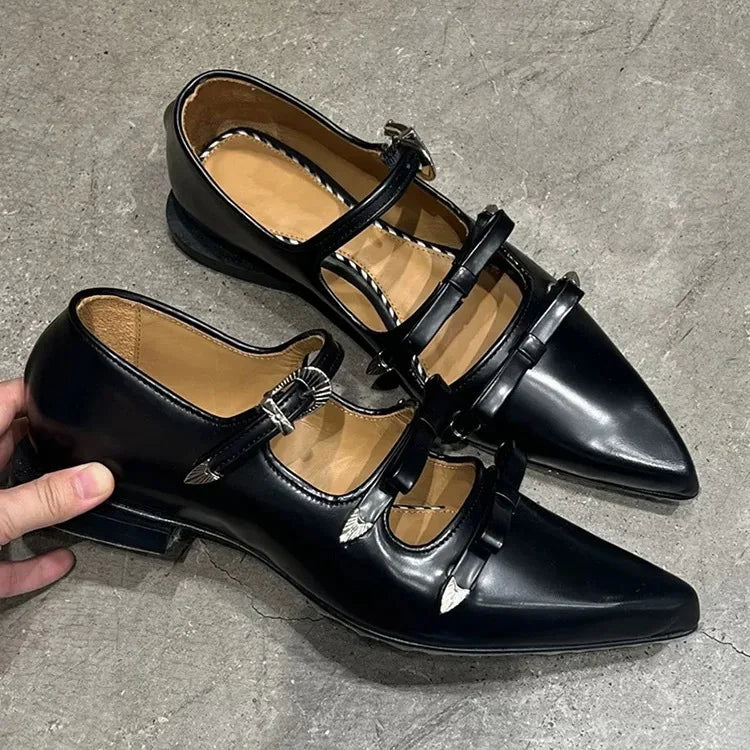Japanese Metal Buckle Bow Mary Jane Shoes Sweet and Cool Pointed Leather Shallow Flat Shoes
