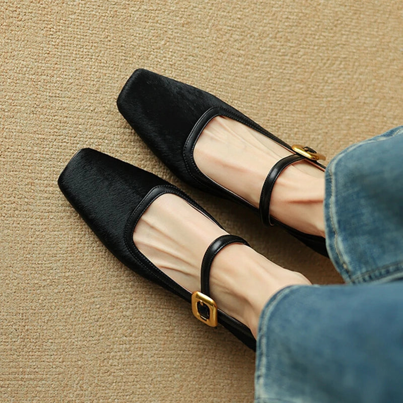 New Spring/autumn Pumps Square Toe Chunky Heel Shoes Horsehair Leopard Shoes for Concise High Heel Buckle Mary Janes