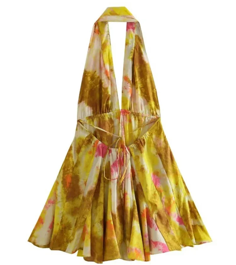 Summer Print Dress New Vacation Style Sleeveless Mini Dress Backless High Street Bodycon Dress