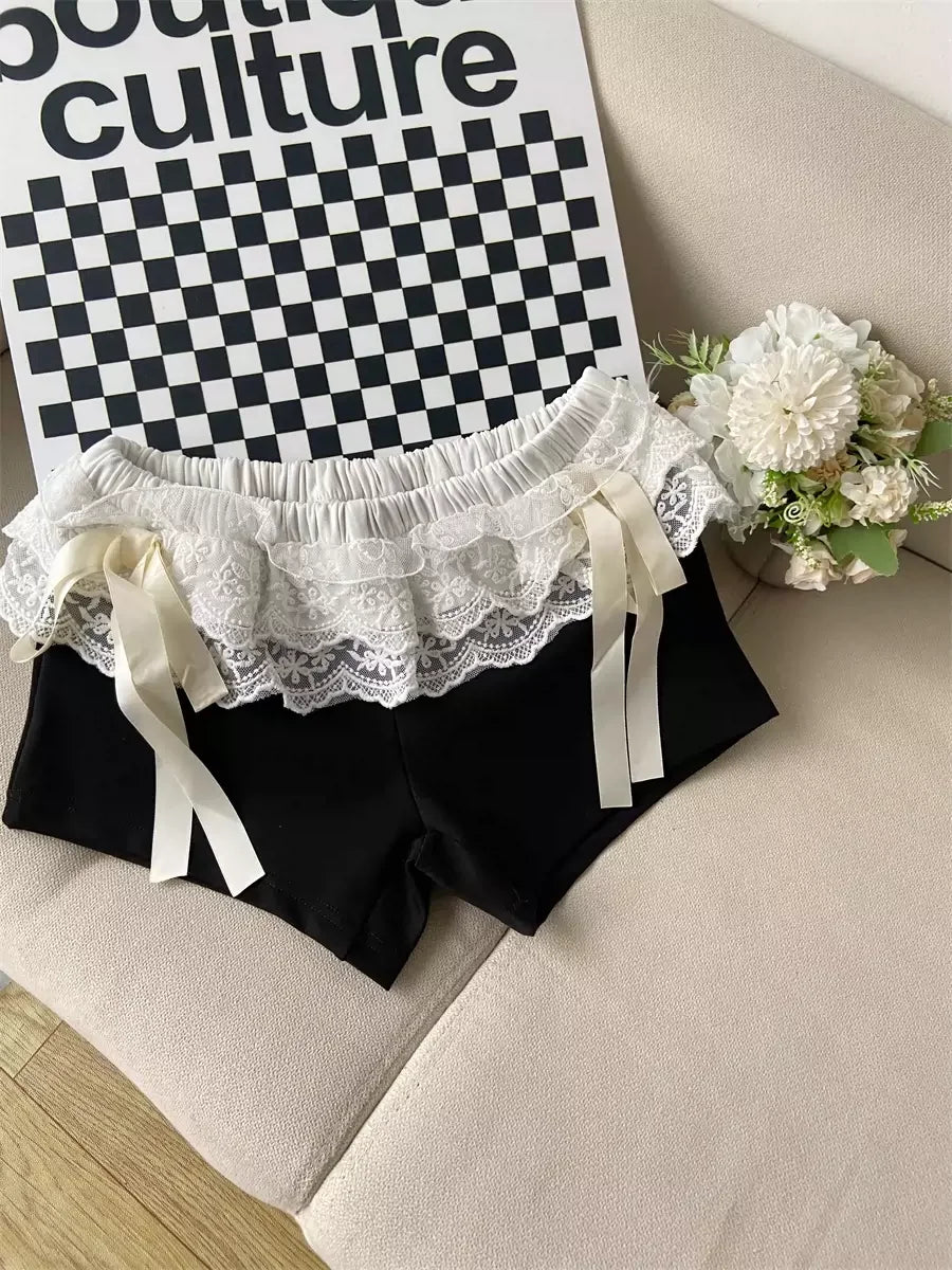 Lace Patchwork Black Shorts Bow Elastic Waist Girl Tight Short Pants Summer Ballet Style Kawaii Clothes
