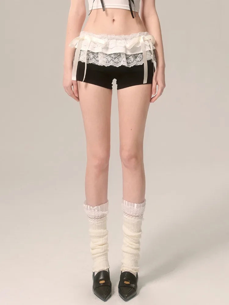 Lace Patchwork Black Shorts Bow Elastic Waist Girl Tight Short Pants Summer Ballet Style Kawaii Clothes