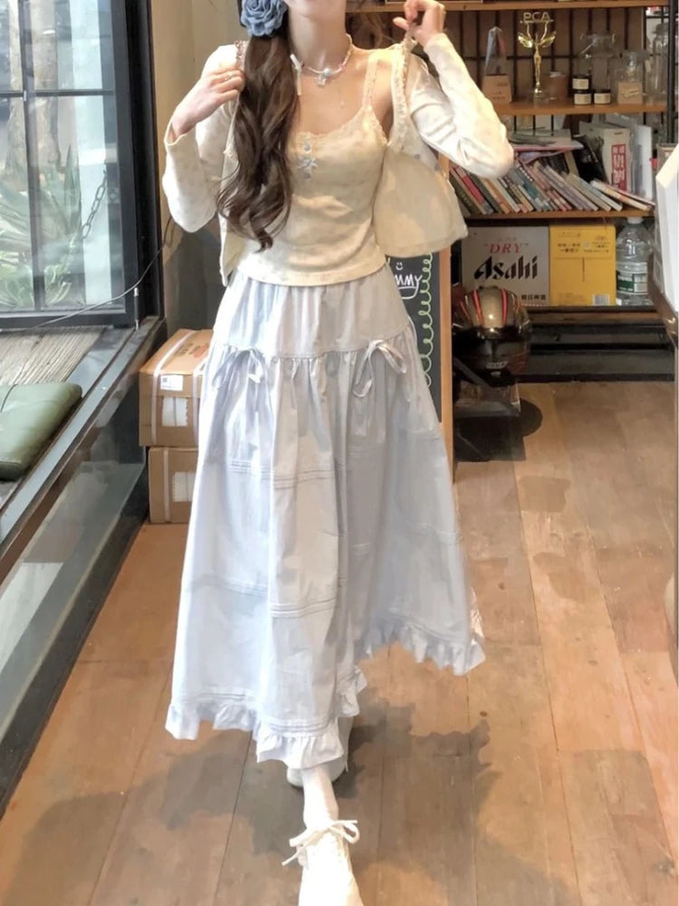 Japanese Kawaii 3 Piece Skirt Sets Lolita Crop Top Blouse + Midi Skirts Korean Suits 2000s
