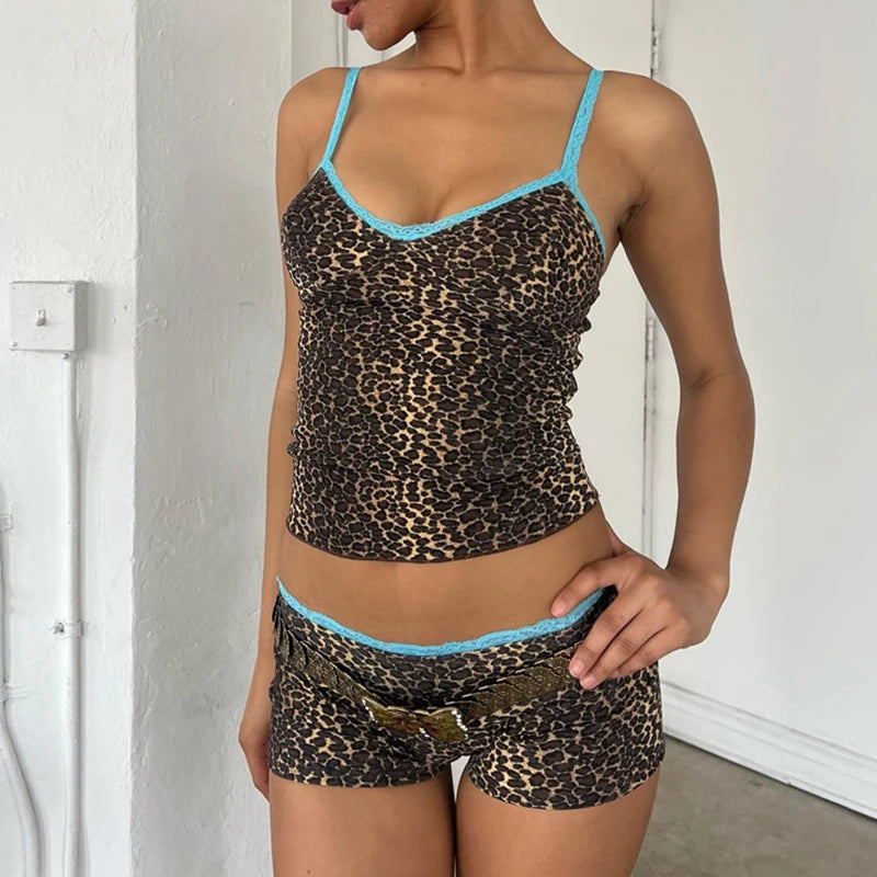 90s Rave Leopard Print 2 Piece Set Lace Trim Spaghetti Strap Camis + Shorts Y2k Crop Tops Club Party Matching Suit