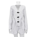 Designer Striped Set Oversized Blazer Two Pieces Set for Pullover Long Sleeve Shirt Tops and Shorts