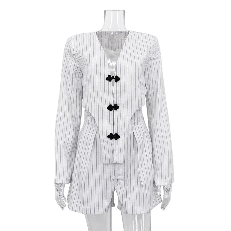 Designer Striped Set Oversized Blazer Two Pieces Set for Pullover Long Sleeve Shirt Tops and Shorts