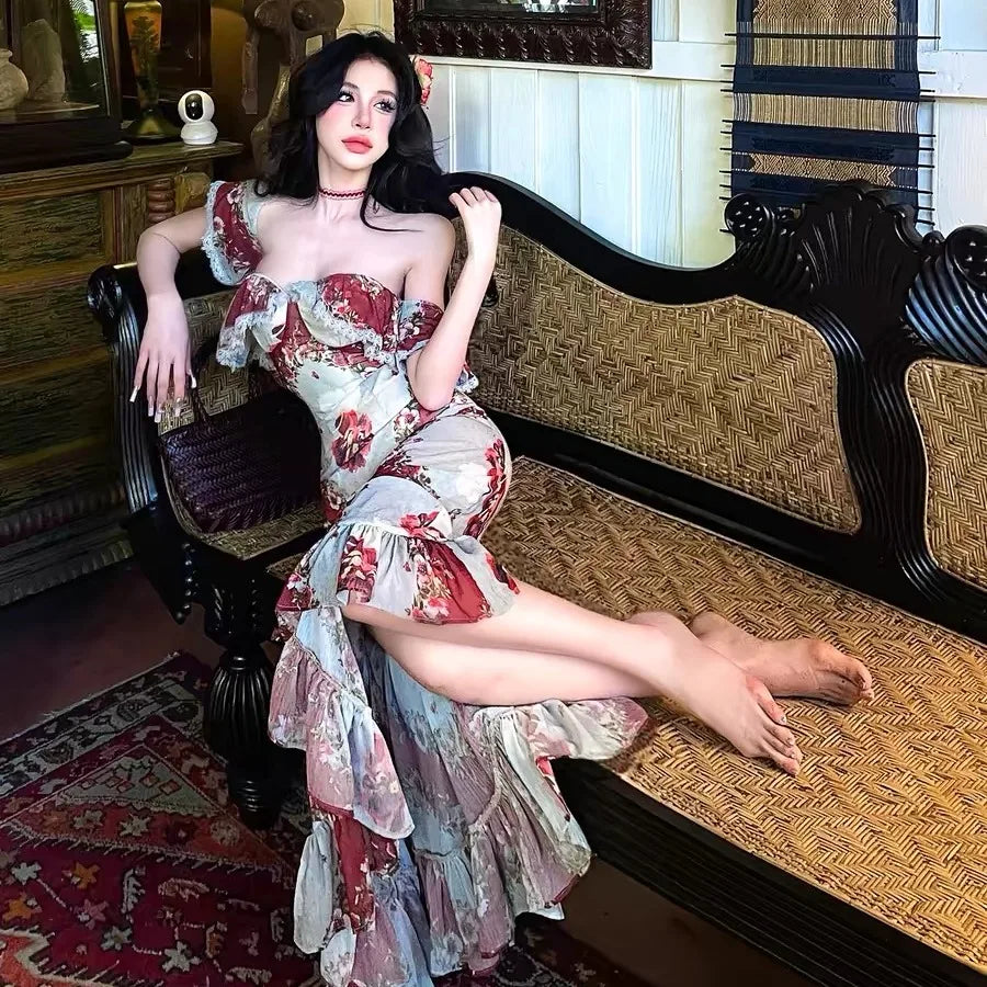 Print Offshoulder Dress Sweet Ruffle Long Midi Dress Style Summer Party Dress Female