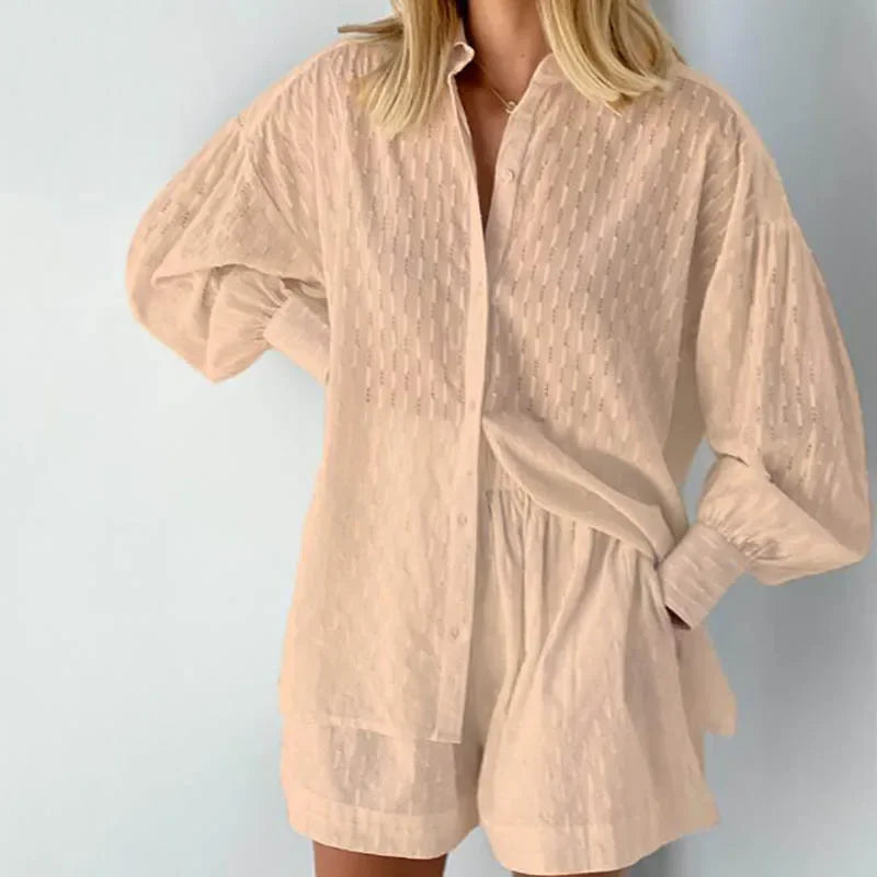 New Beach Shirt Shorts Twopiece Set Summer Tracksuit Female Loose Long Sleeve Top Suit Lounge Wear Homewear