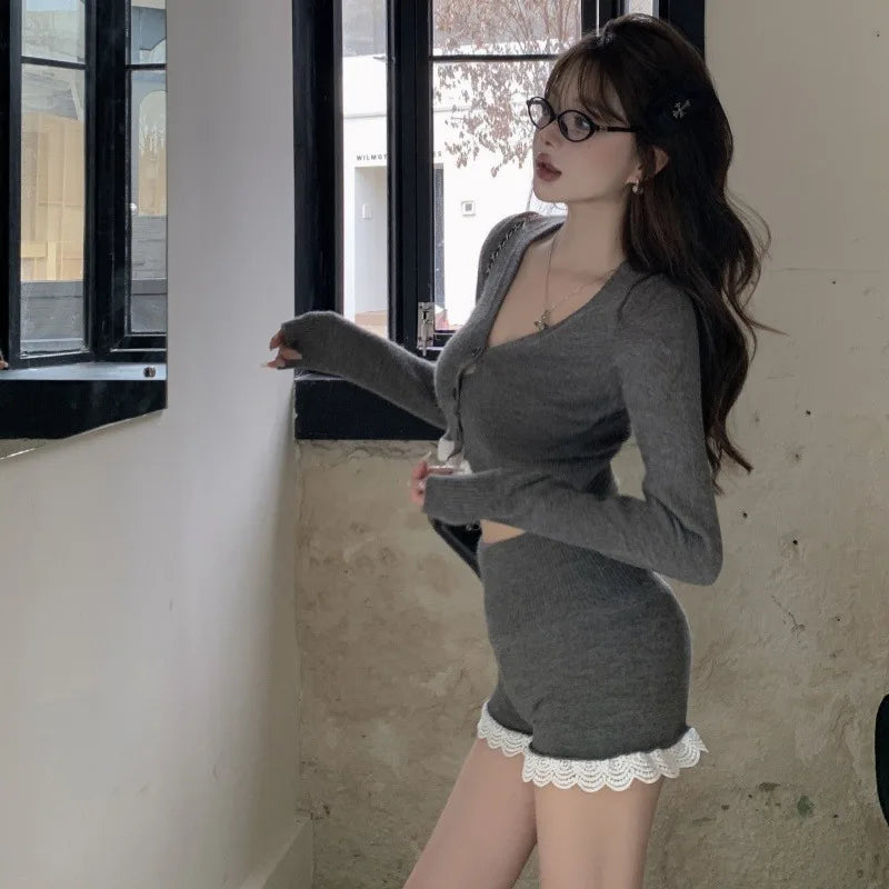Sweet Hot Girl Suit Summer Longsleeved Vneck Cardigan Highwaisted Shorts Twopiece Set Female Clothes