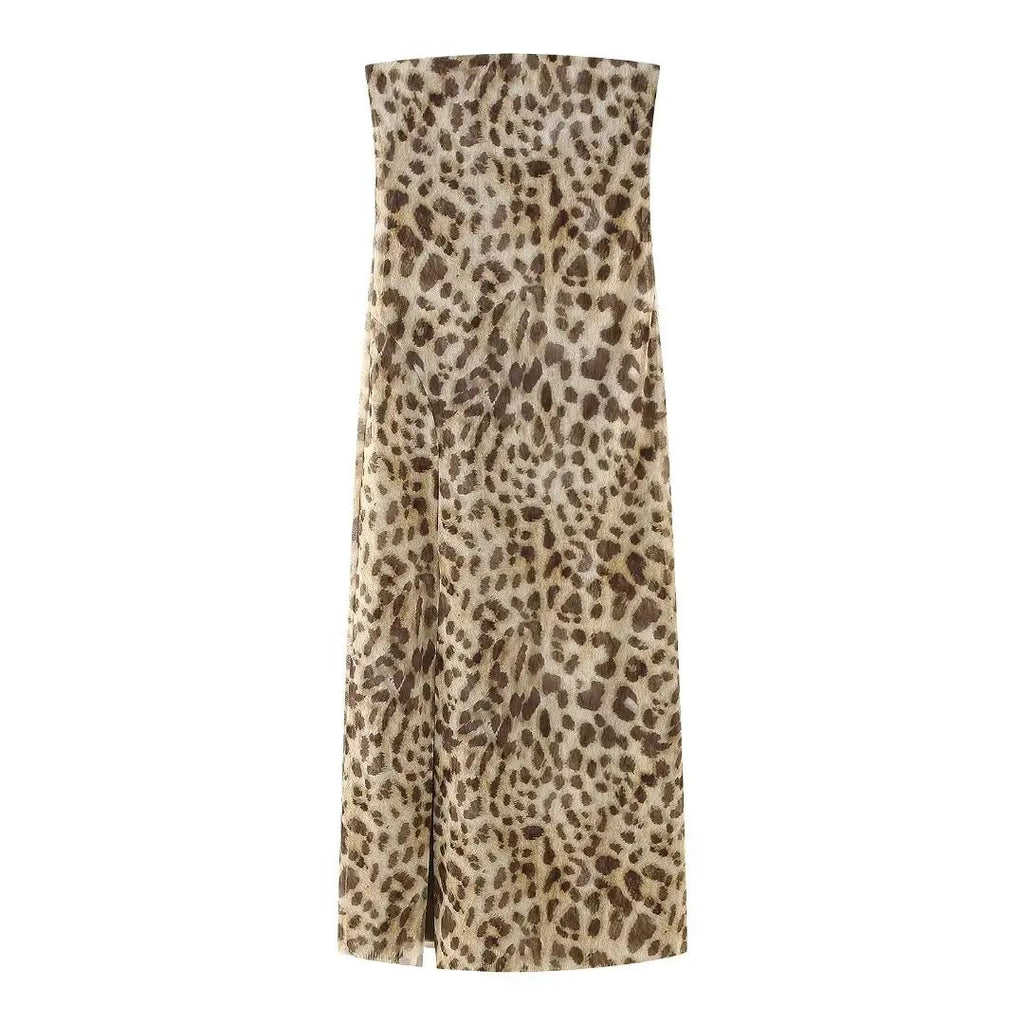 Summer Printed Tube Long Dress for Woman Strapless Slit Slim Fit Dresses Female Tulle Dress