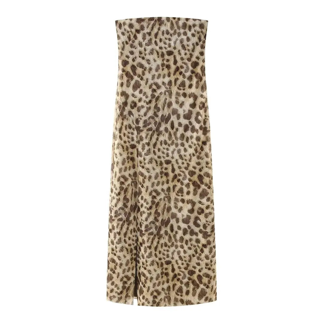 Summer Printed Tube Long Dress for Woman Strapless Slit Slim Fit Dresses Female Tulle Dress