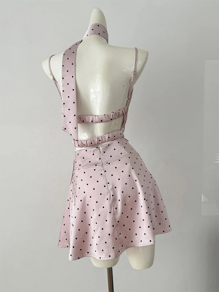Summer Vacation Korean Rave Gyaru Coquette Birthday 2000s Polka Dot Night Club Outfits 2 Piece Set Camisole + Mini Skirt
