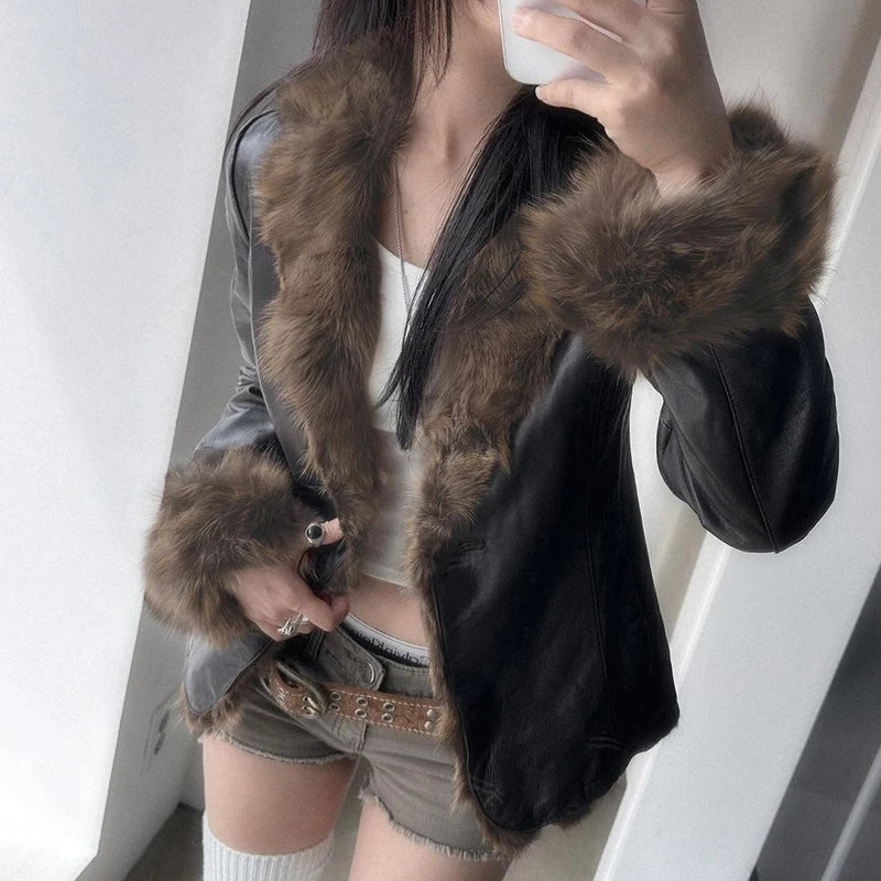 Faux Leather Fur Turndown Collar Jacket Korean Stylish Winter Cardigan Coat Punk 90s Outwear Fall