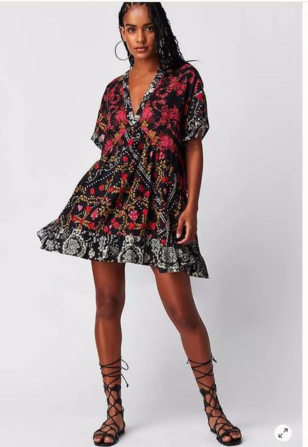 Color Print Mini Dresses Spring Summer New V-neck Short Sleeves Folds Loose Irregular Short Dress Vestidos