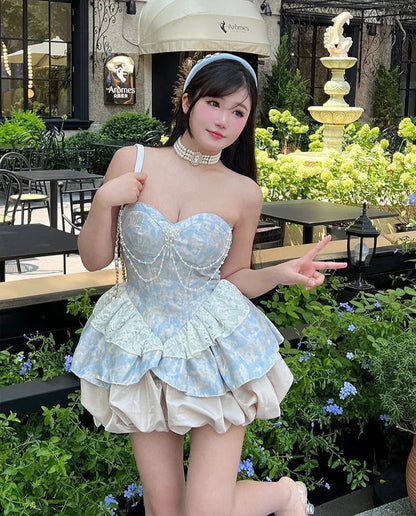 Sweet Elegance Retro Jacquard Strapless Dress for Lolita Dresses Pearl Pendant Slim Fit Patchwork Mini Dress