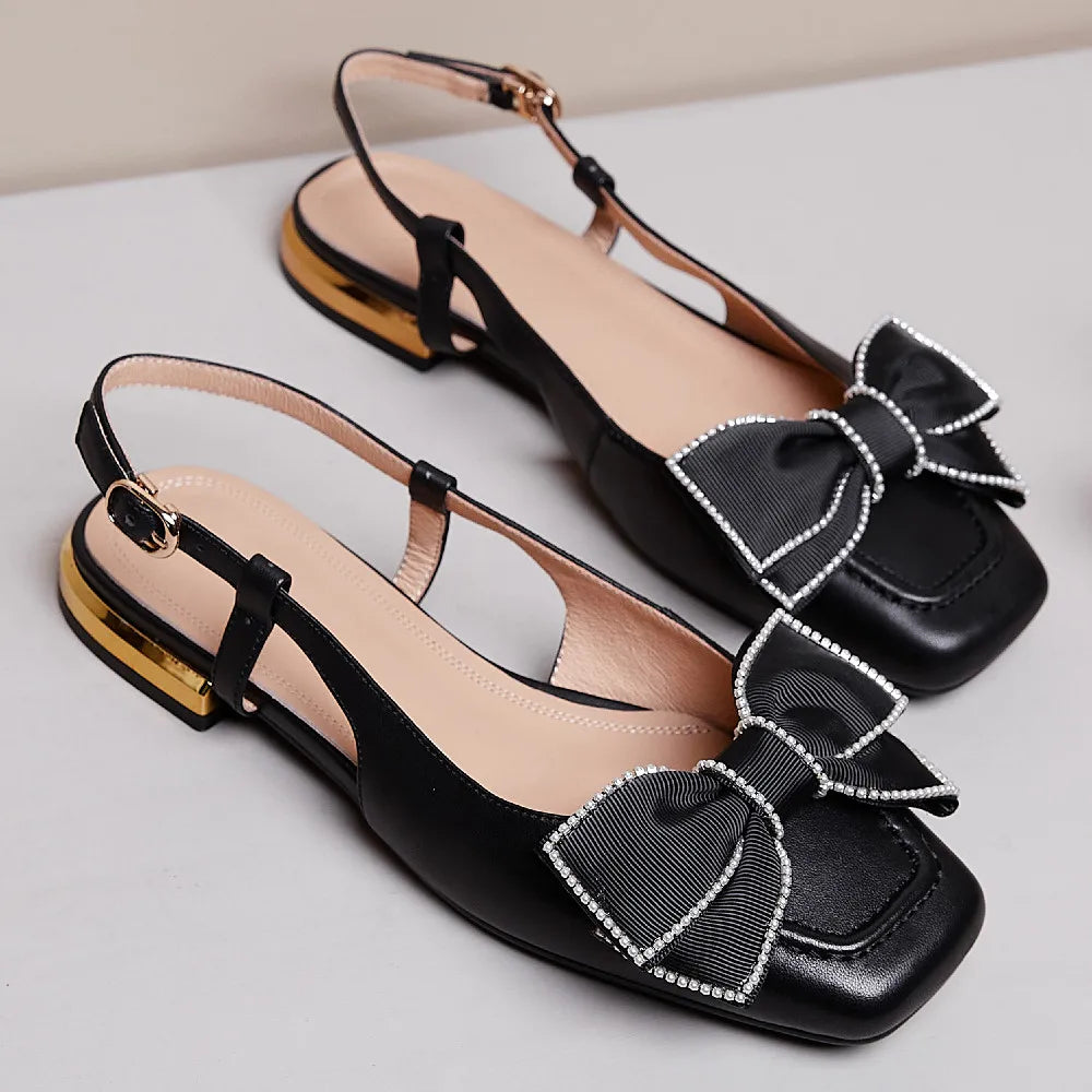 Genuine Leather Slingback Slipon Flats Sandals Square Toe Sweet Bowtie Korean Style Summer Flats Sandalias Shoes