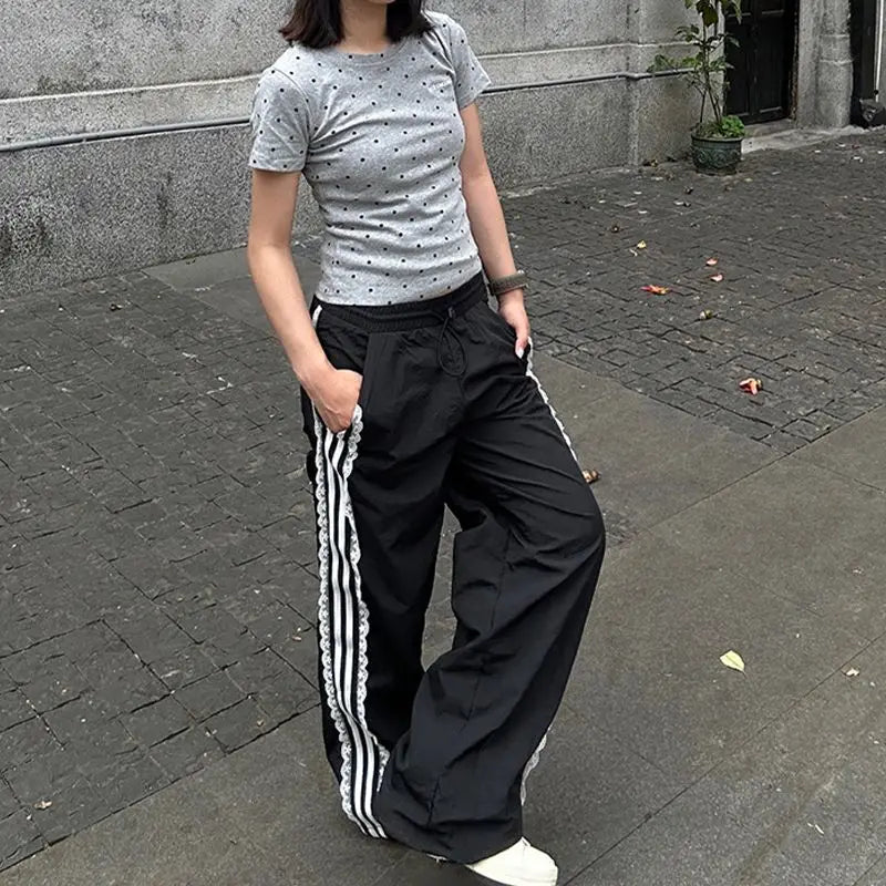 Coquette Sweatpants Summer Y2k Lace Stripe Patchwork Elastic Waist Sports Pants Trousers