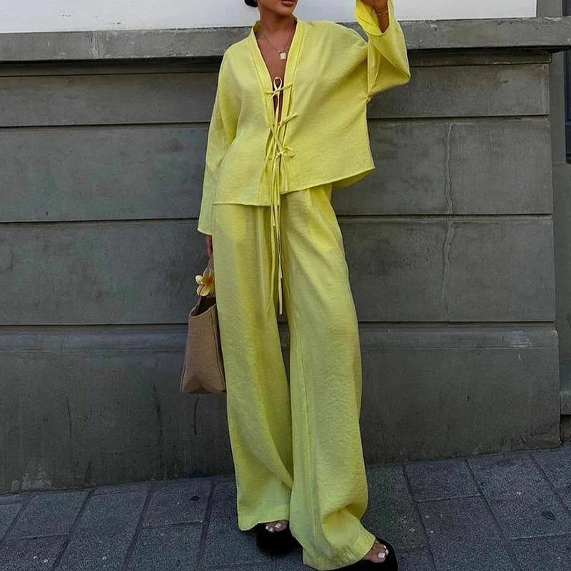 V Neck Lace Up Top and Pants 2 Piece Set New Spring Long Sleeved Loose Suit Simple Color High Street Outfits