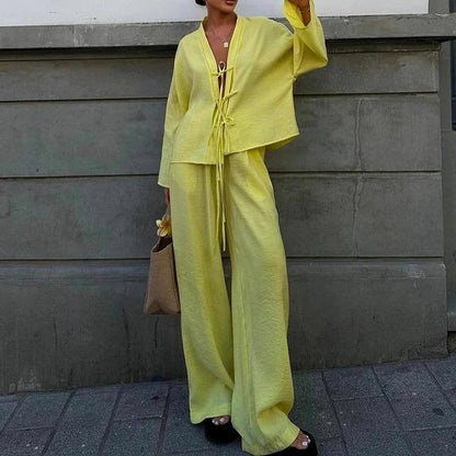 V Neck Lace Up Top and Pants 2 Piece Set New Spring Long Sleeved Loose Suit Simple Color High Street Outfits