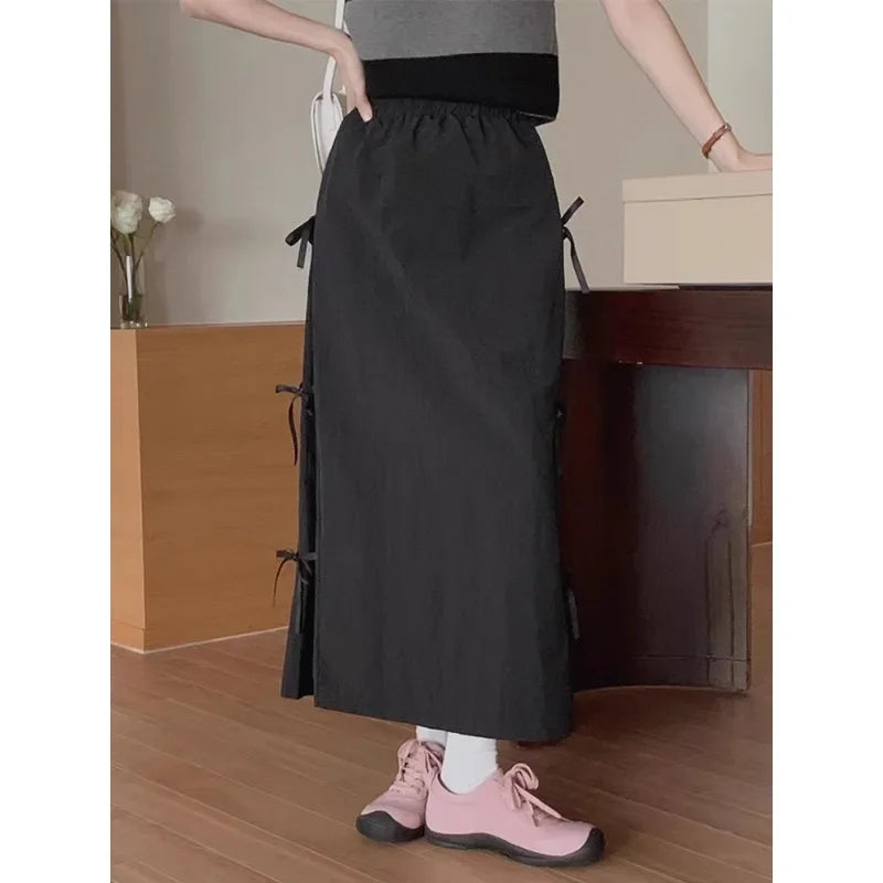 Lace Up Bow Color All Match Aline Skirt Summer New Korean High Waist Loose Midlength Skirt