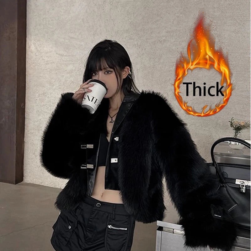 Y2k Cropped Faux Fur Coat Korean Black Quilted Fluffy Jacket Winter Long Sleeve Furry Outerwear New