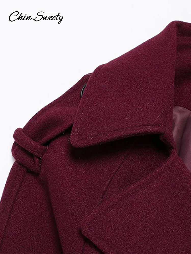 Burgundy Red Double Breasted Overcoat Lace Up Loose Lapel Pockets Long Sleeve Coat New High Street Outerwear