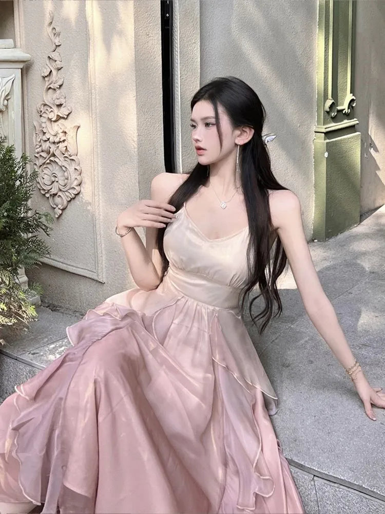 Summer French Evening Party Midi Dress Pink Korean Style Sweet Dress Female Bubble Sleeve Fairy Dress