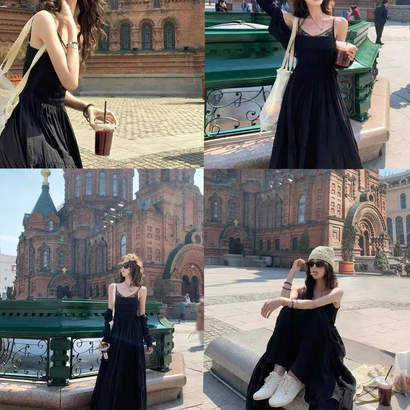French Lace Spliced Black Slip Dress Summer New High End Sleeveless Waist Slimming Aline Long Dress for