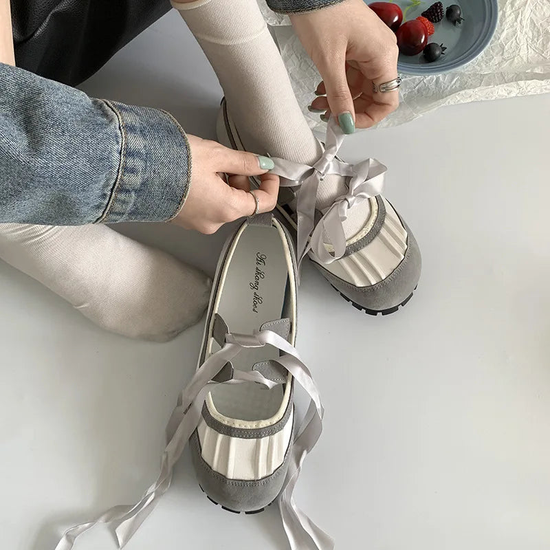Round Toe Bow Flats Loafers Outdoor Slip on Soft Bottom Mary Jane Shoes Ballerina Shoes