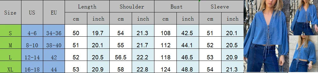 00s Retro Tie-up Front Denim Crop Tops Cottage Long Sleeve V Neck Shirts Spring Fall Blouses Tees Y2k Aesthetic T-shirt