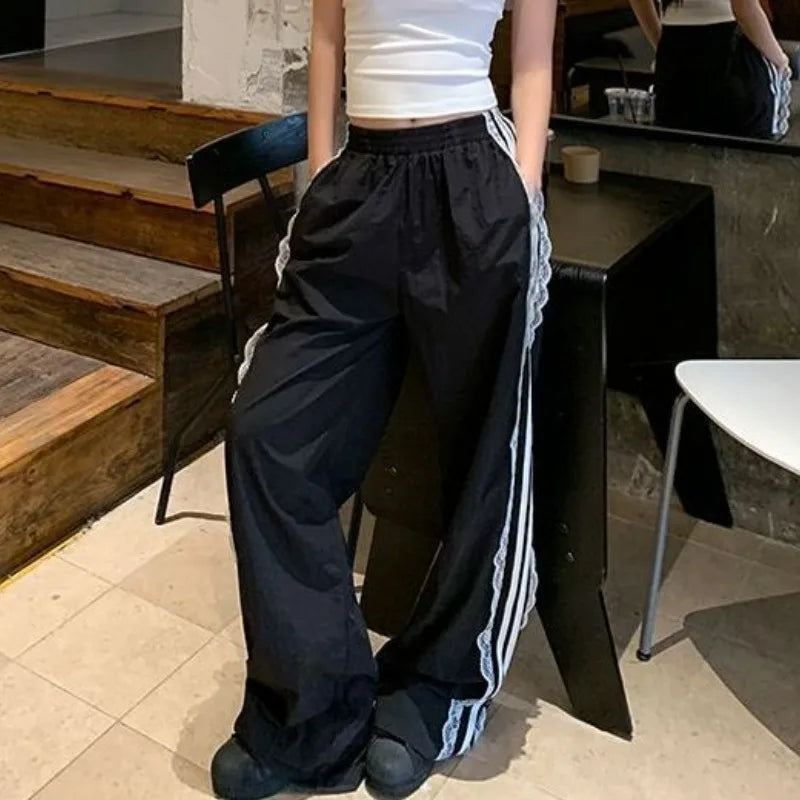 Striped Black Sports Pants Baggy Patchwork Lace Wide Leg Jogging Trousers Summer Korean Sweatpants