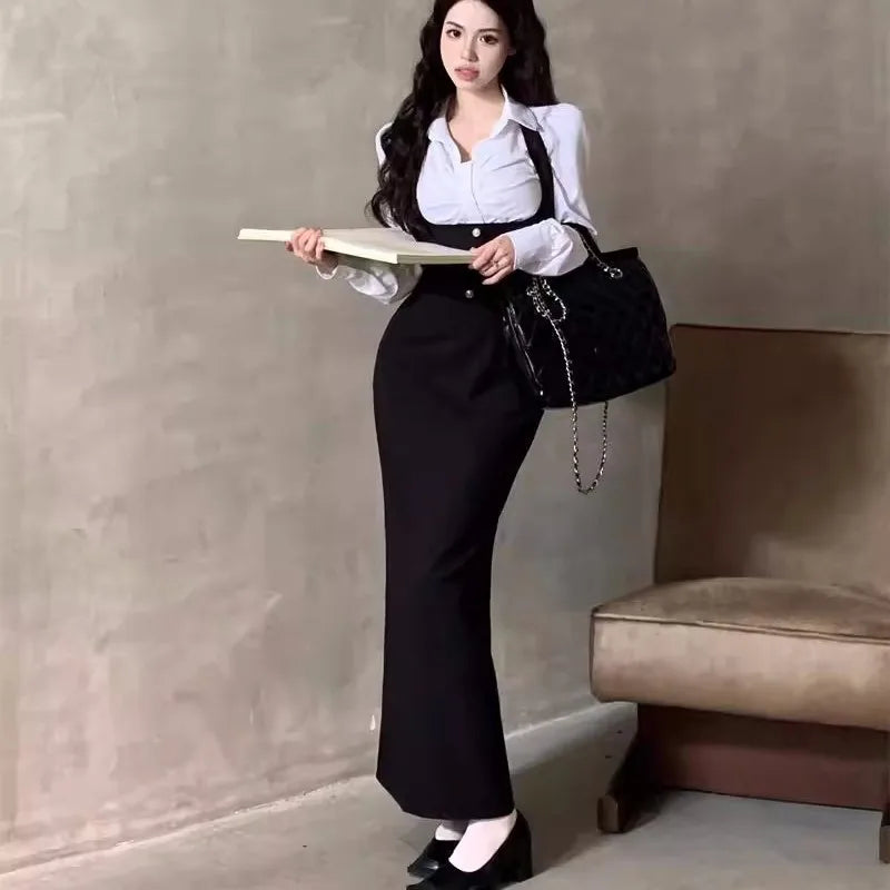 Y2k 3-piece Set Crop Coat Blazer White Shirt Halter Sleeveless Bodycon Midi Dress Autumn New Female Korean Outfits