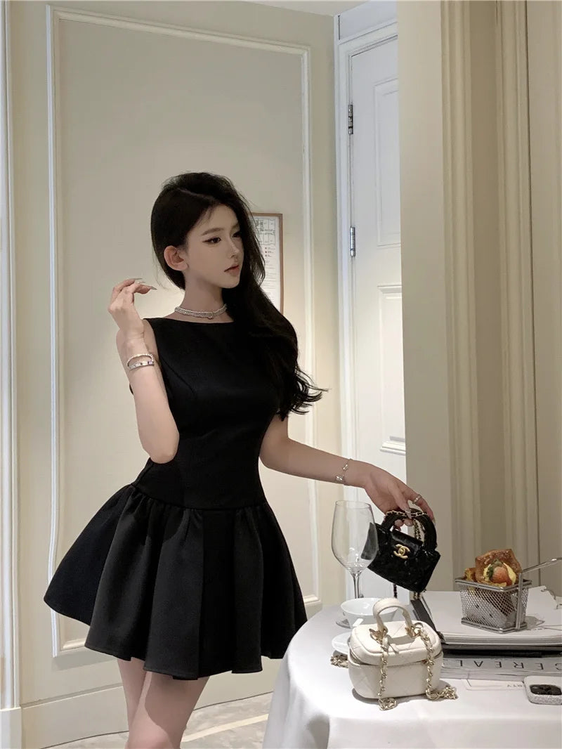 Korean Romantic Pearl Chain Backless Lace Up Princess Mini Dresses Sweet a Line Dress Birthday Evening Party Clothes