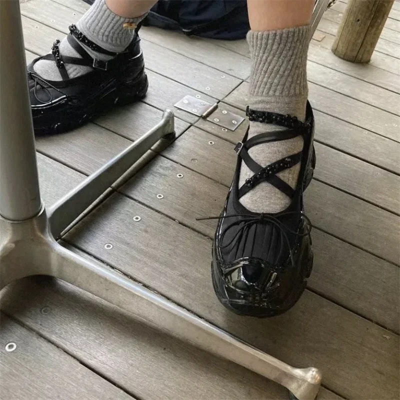 String Bead Butterflyknot Breathable Sneakers Laceup Thick Bottom Handmade Shoes Tenis De Mujer