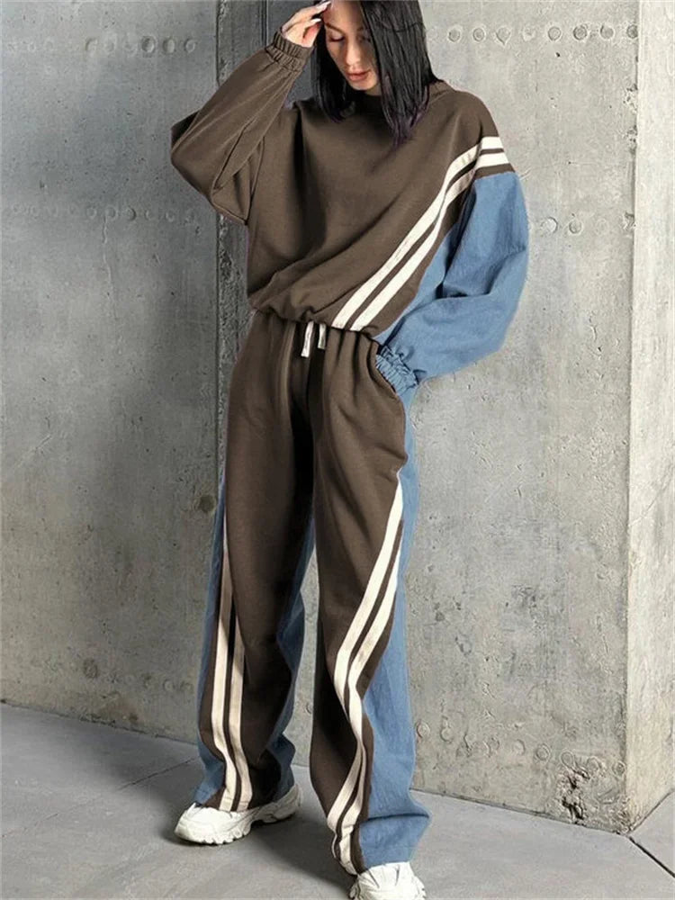 2 Piece-set Drawstring Trousers Contrast Lace-up Autumn Pullover and High Waist Pants Outfits Tracksuit