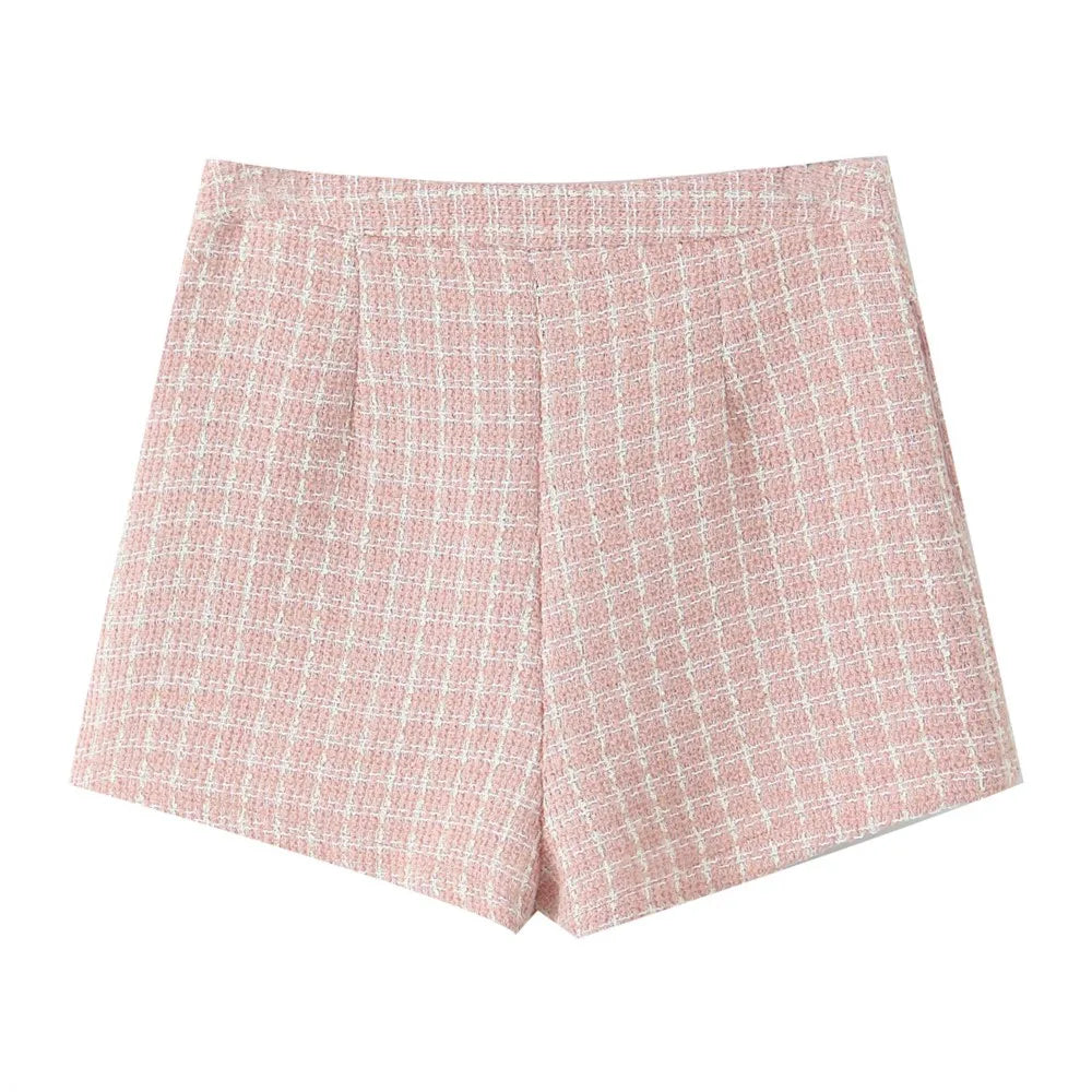 2 Pieces 1 Set French Style Retro Pink Plaid Woven Tweed Blazer + High Waist Mini Shorts Pants Suits