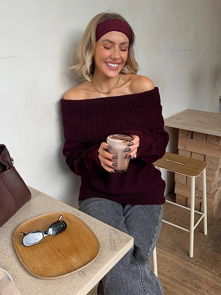 Knitted Off Shoulder Sweater Loose Long Sleeve Pullover Sweaters Lady Spring Versatile Street Knitwear